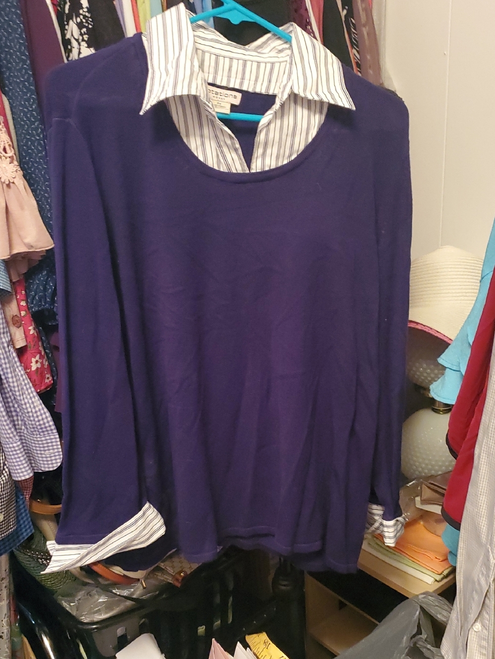 Notations Navy Sweater with White And Blue Striped Shirt Detail